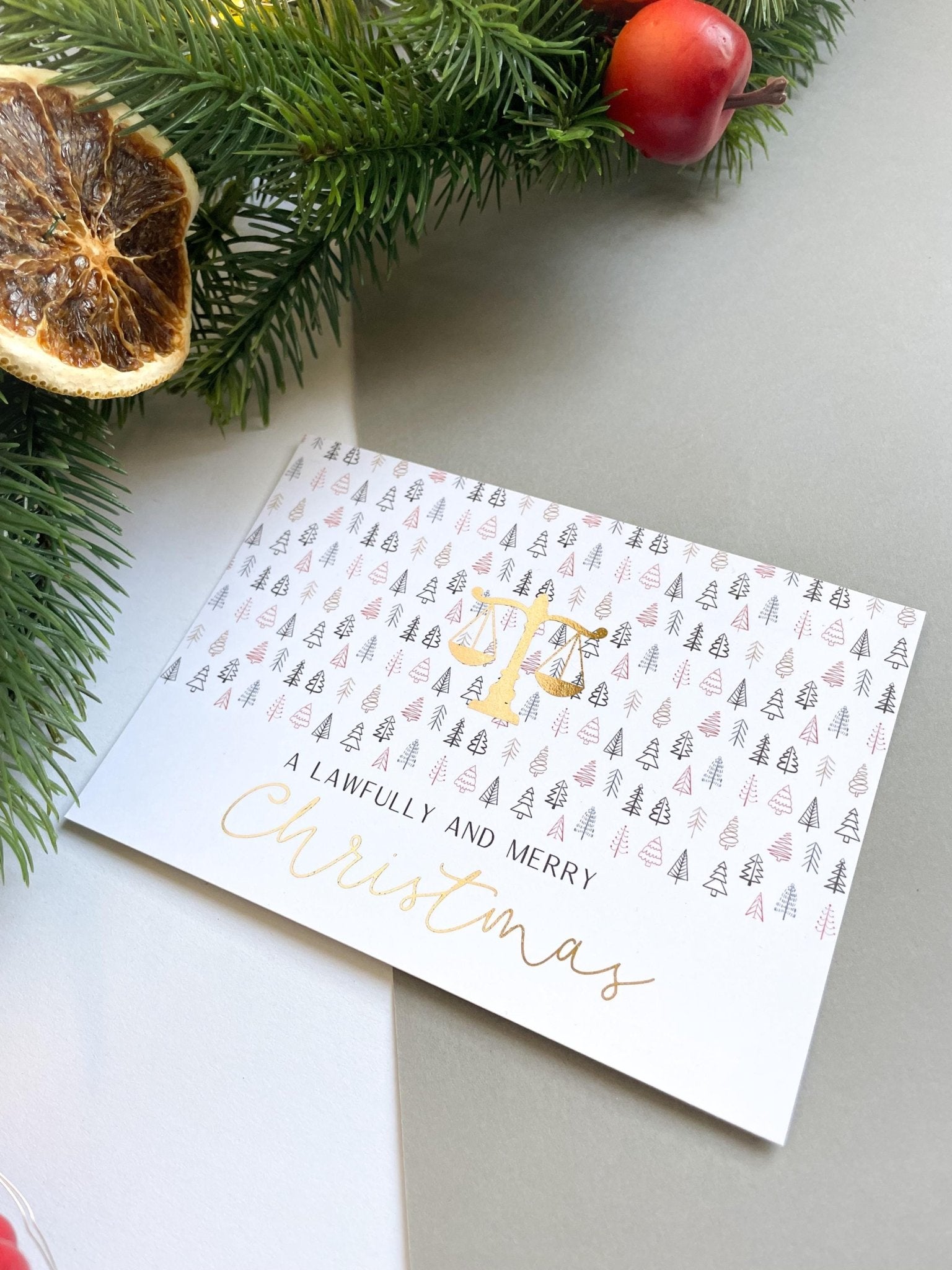 Christmas card – Lawfully and Merry Christmas, scales of justice, gift for jurists, lawyers, law students, judges.