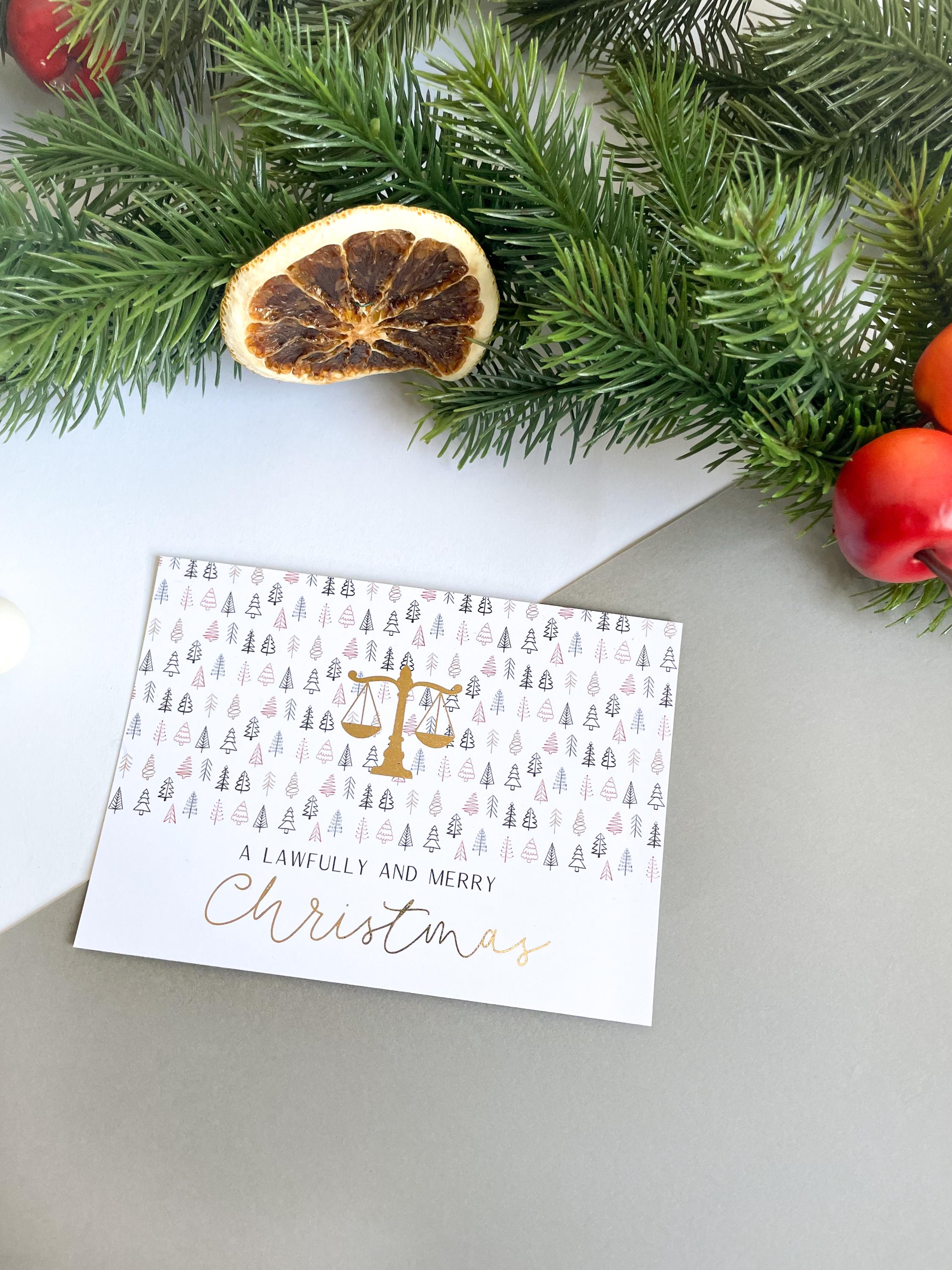 Christmas card – Lawfully and Merry Christmas, scales of justice, gift for jurists, lawyers, law students, judges.