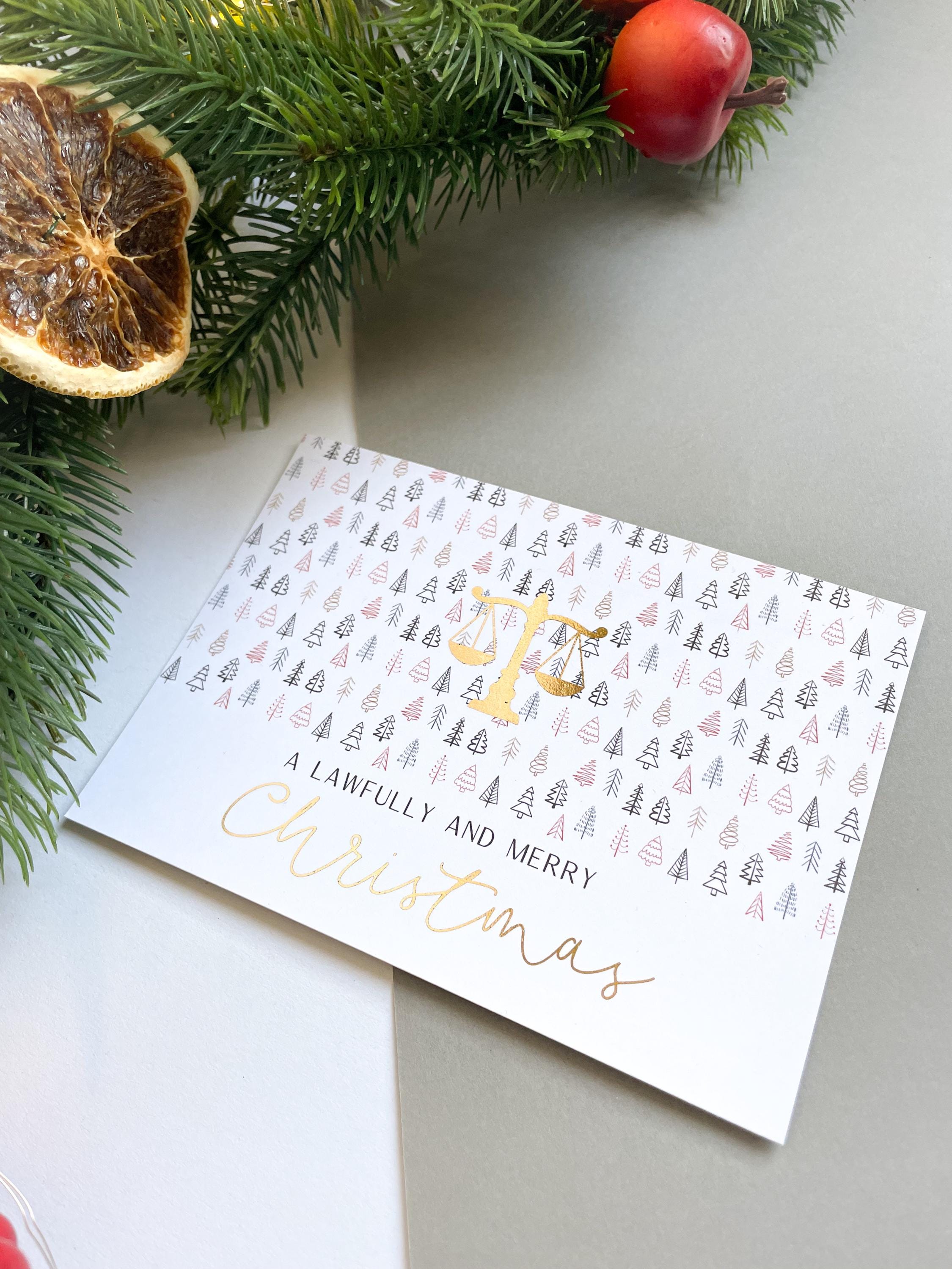Christmas card – Lawfully and Merry Christmas, scales of justice, gift for jurists, lawyers, law students, judges.