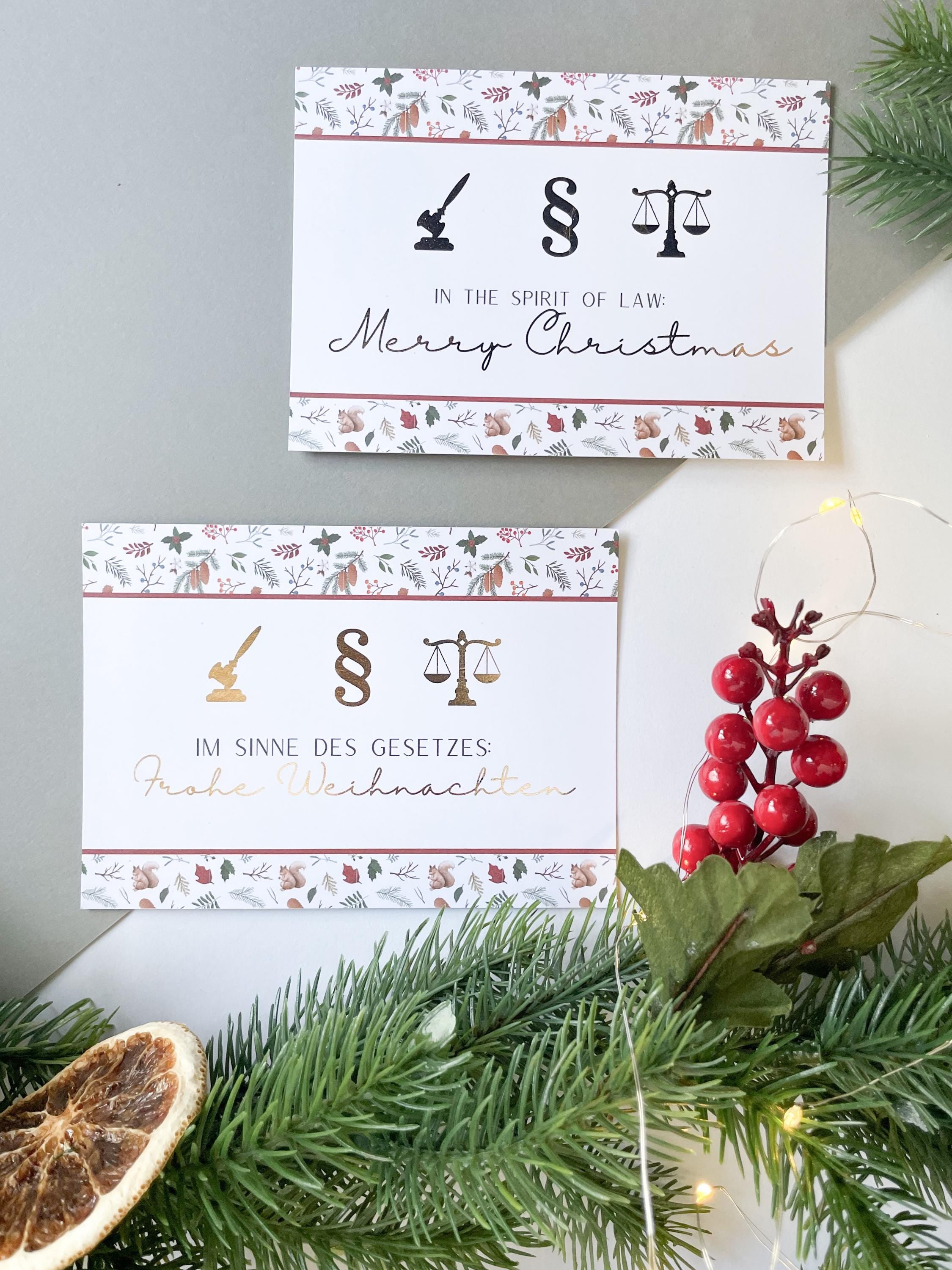 Christmas card – with legal symbols, paragraph sign, scales of justice, gift for jurists.