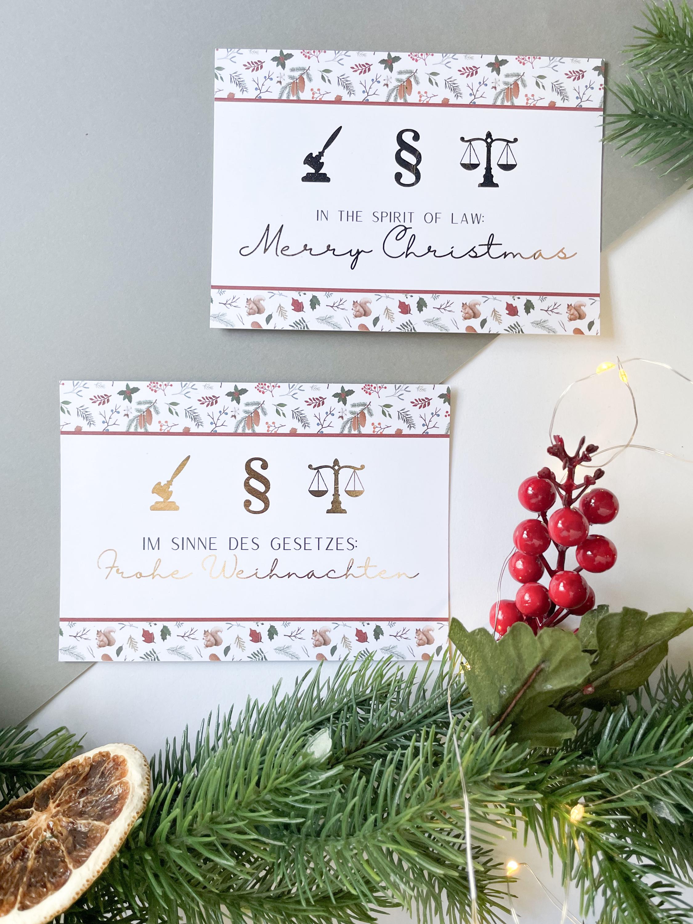 Weihnachtskarte- mit juristischen Symbolen, Paragraph, Gerechtigkeitswaage, Geschenk für Juristen