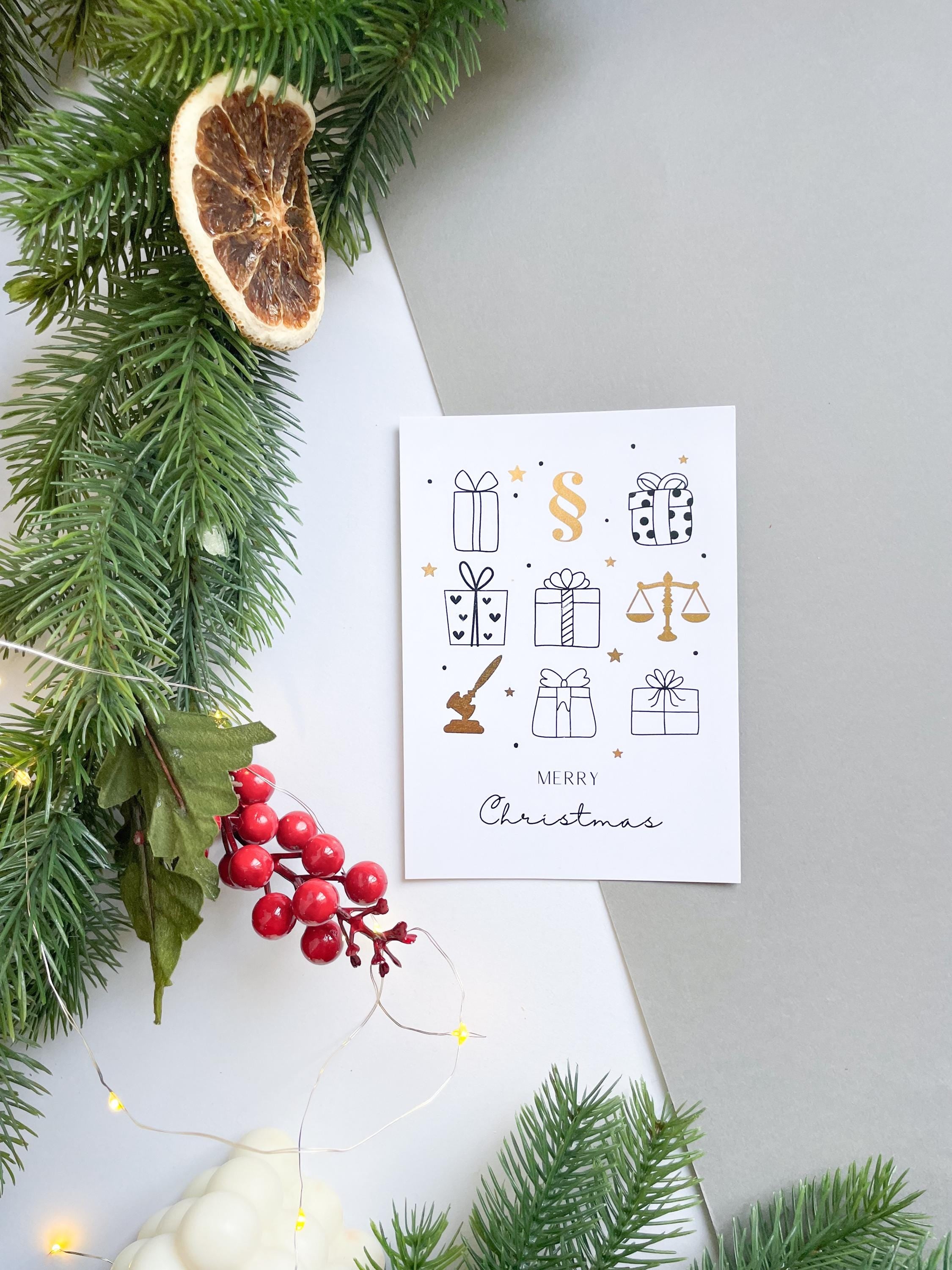 Christmas card – Christmas gifts with legal symbols, gift for jurists, lawyers, judges, legal scholars.