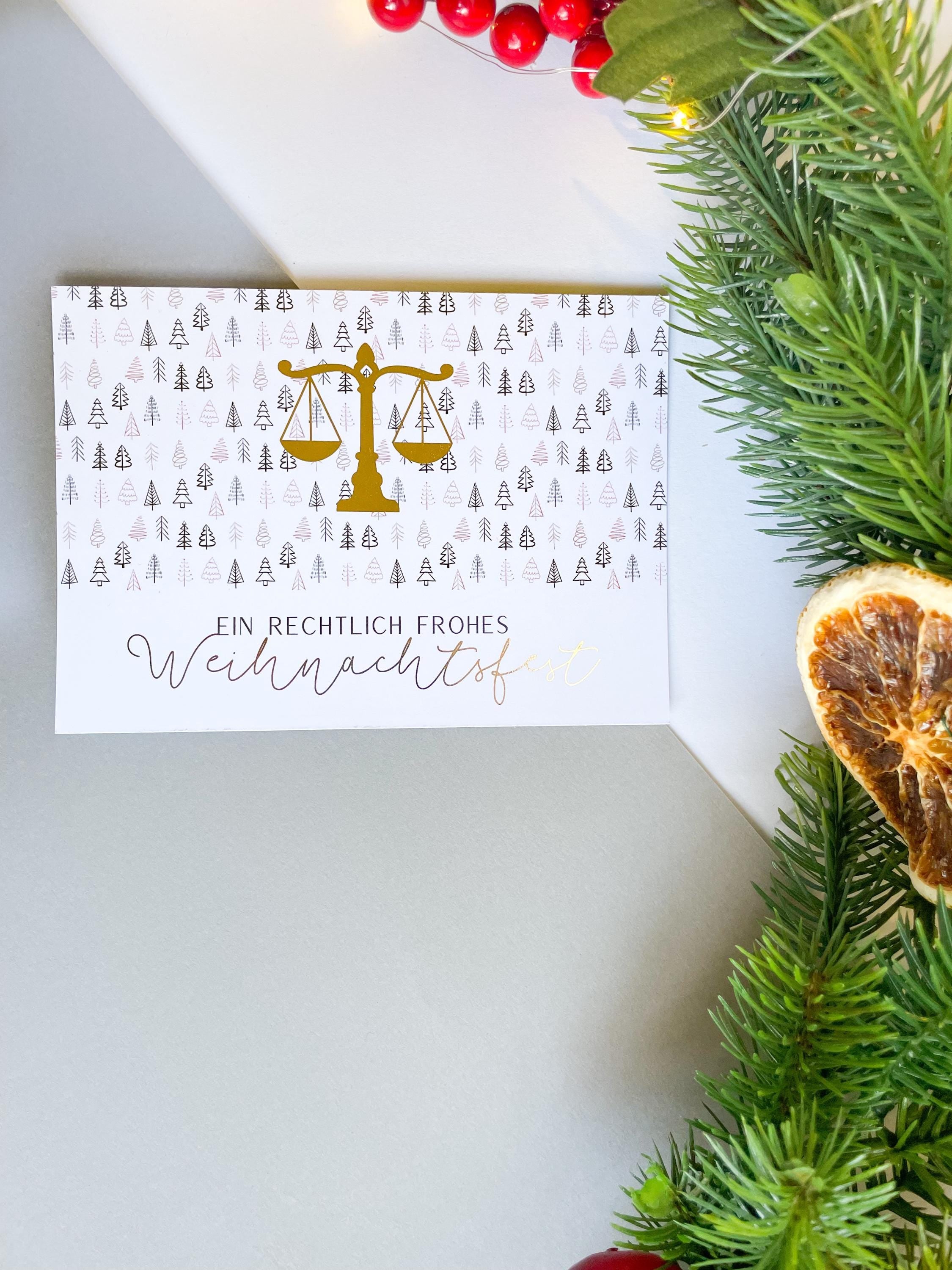 Christmas card – Lawfully and Merry Christmas, scales of justice, gift for jurists, lawyers, law students, judges.