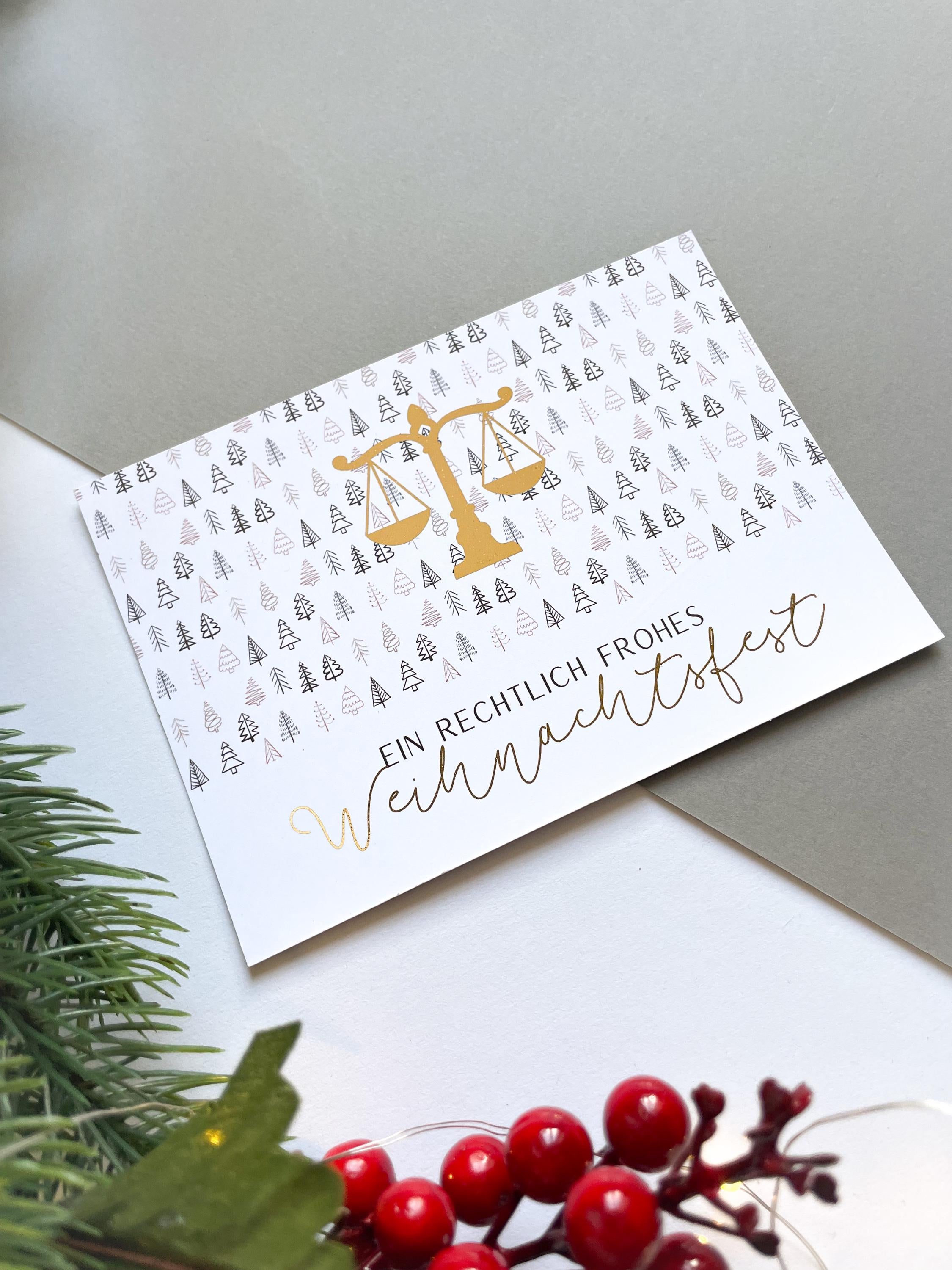 Christmas card – Lawfully and Merry Christmas, scales of justice, gift for jurists, lawyers, law students, judges.